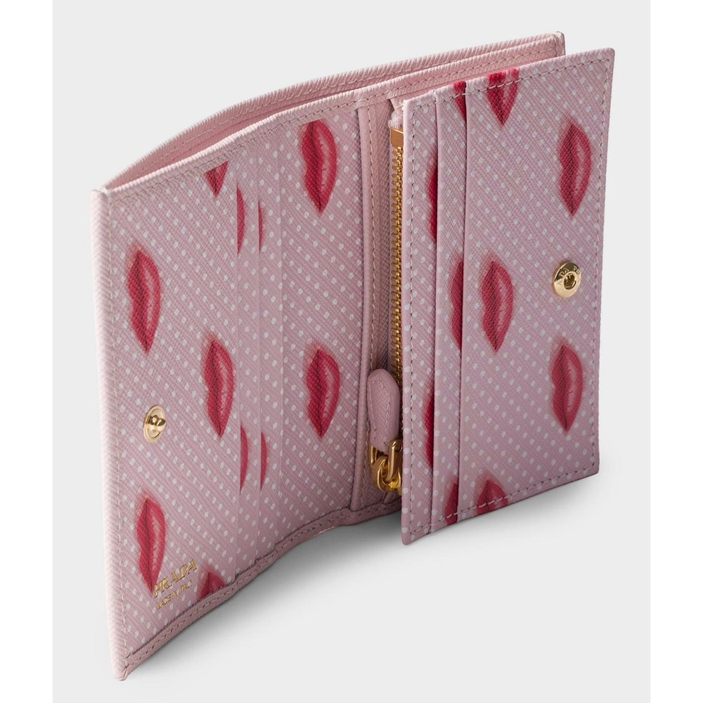Prada Pink Saffiano Leather Wallet Red Bocche Lip Print NWT + Box + Reg - Picture 3 of 16